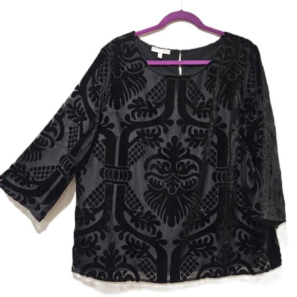 TALBOTS BLACK VELVET ¾ SLEEVE BOATNECK BURNOUT DRESSY BLOUSE XL HOLIDAY CRUISE - Picture 1 of 5